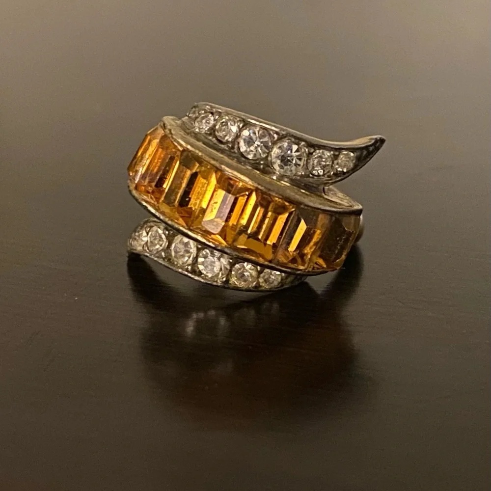Vintage EMMONS Mid-Century Citrine Crystal Cocktail Ring | Adjustable (Sz 5–7)